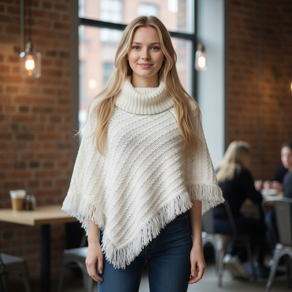 Say What Women’s Turtle neck white Poncho  one size